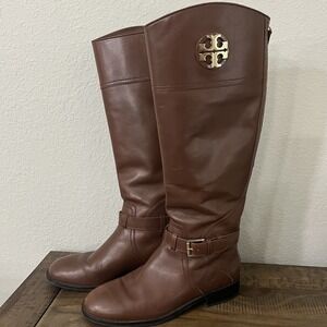Tory‎ Burch Logo brown leather Low Heel Zip riding boots Women's Size 8M